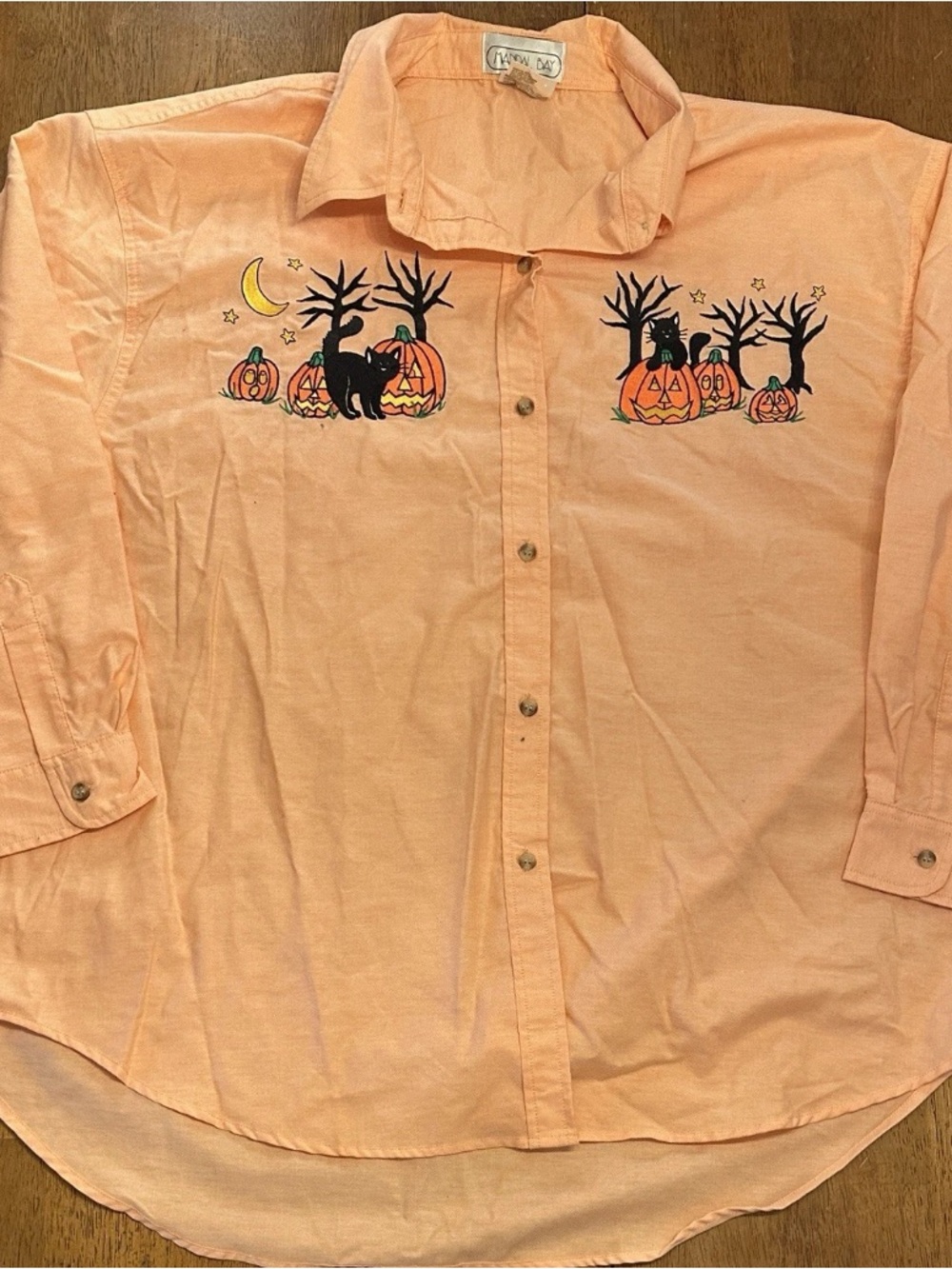 Embroidered Peach Button-Down Shirt with Halloween Cat & Pumpkin Motif